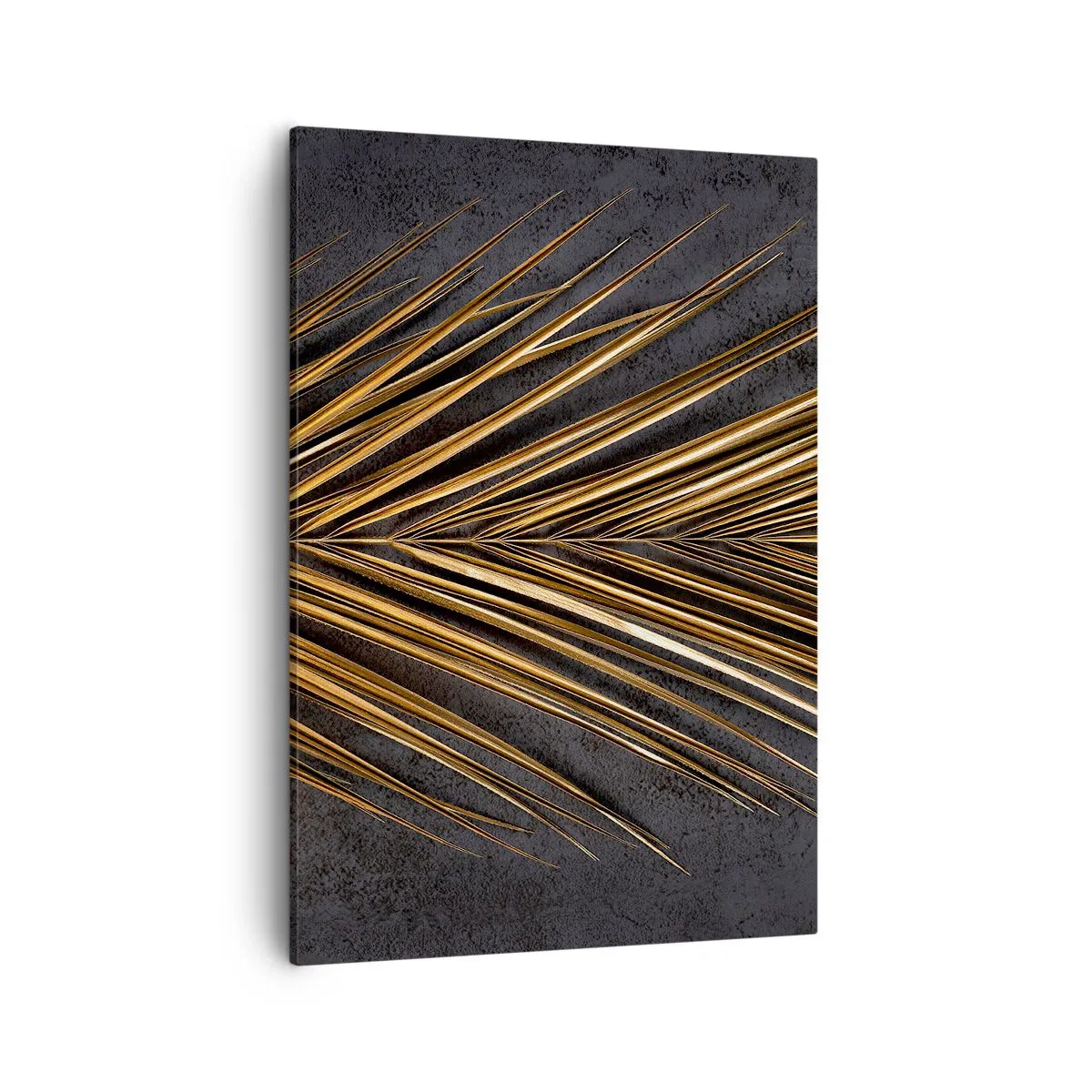 Obraz na płótnie - Złote liście palmy na ciemnym tle - 50x70cm - Złoto tropików - Nowoczesna dekoracja ścienna do salonu, kuchni i sypialni ARTTOR