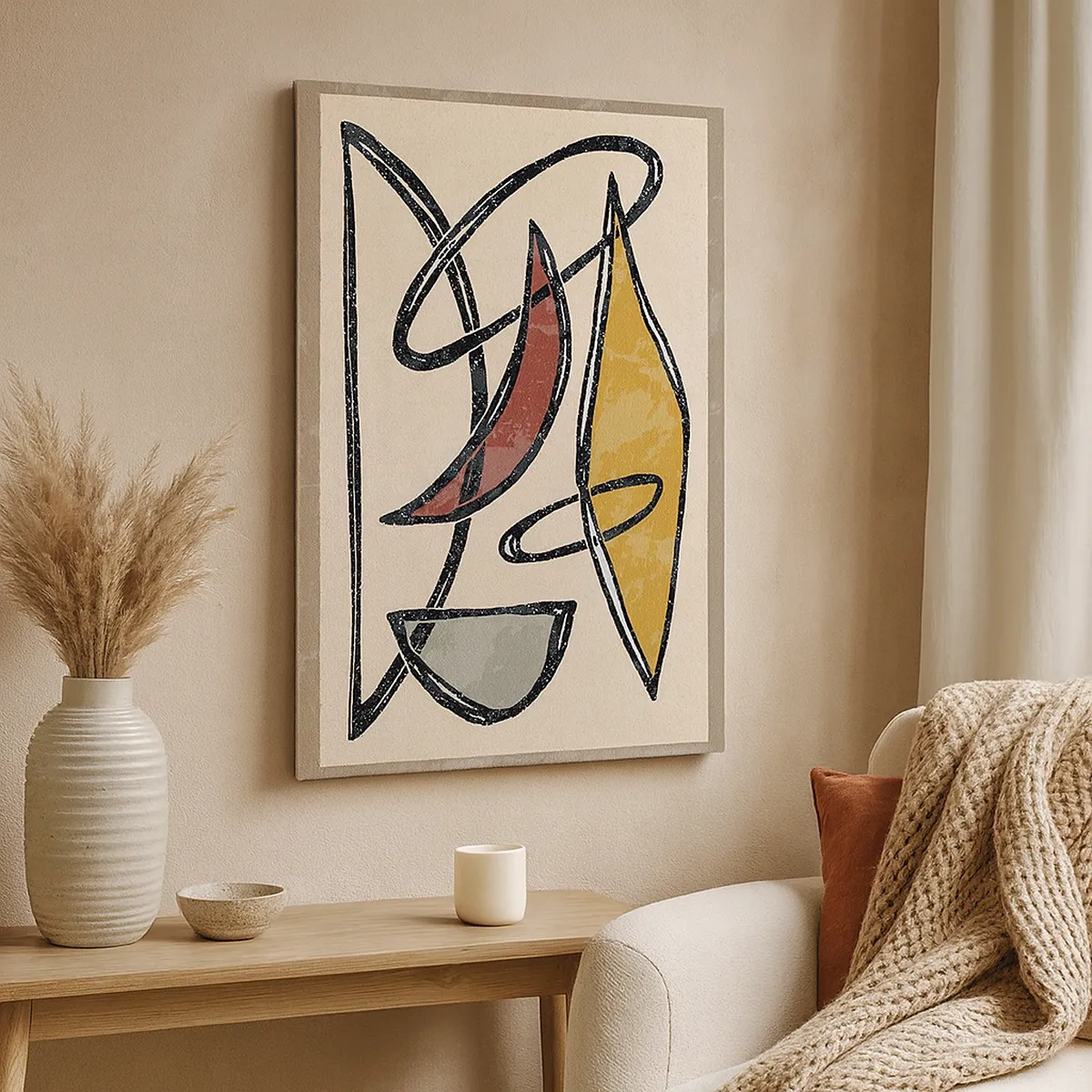 Obraz na płótnie - Abstrakcyjna kompozycja geometryczna z czarnymi liniami na beżowym tle - 50x70cm - Kompozycja – łuki i owale - Nowoczesna dekoracja ścienna do salonu, kuchni i sypialni ARTTOR