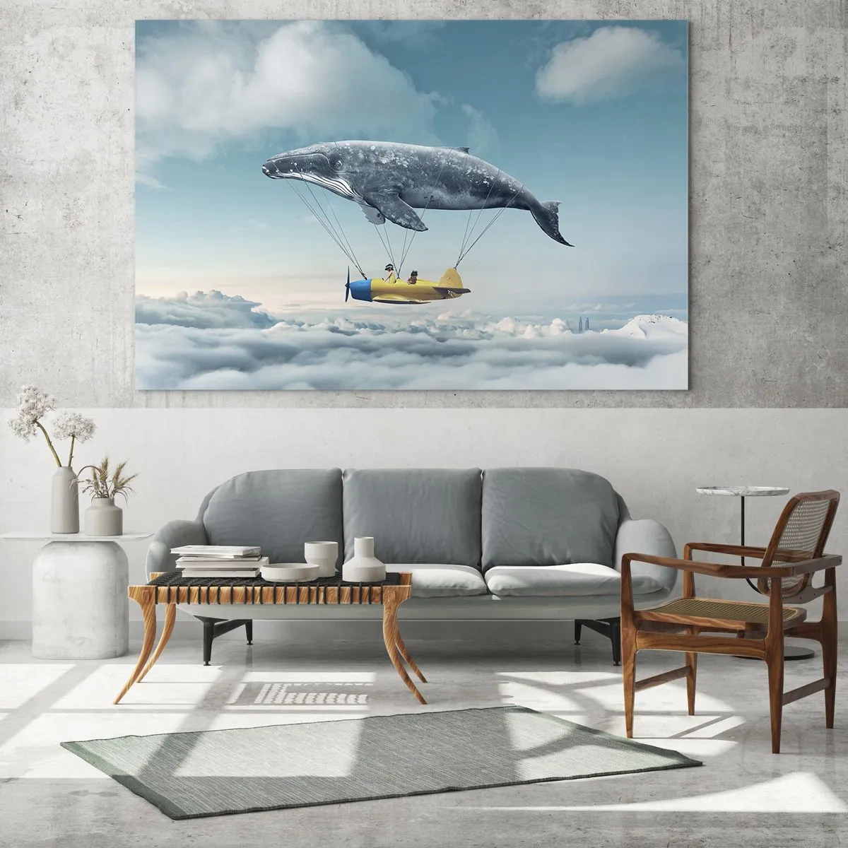 Obraz na szkle - Wieloryb unoszący samolot nad chmurami w surrealistycznej scenerii - 70x50cm - Dlaczego nie? - Nowoczesna dekoracja ścienna do salonu i sypialni ARTTOR