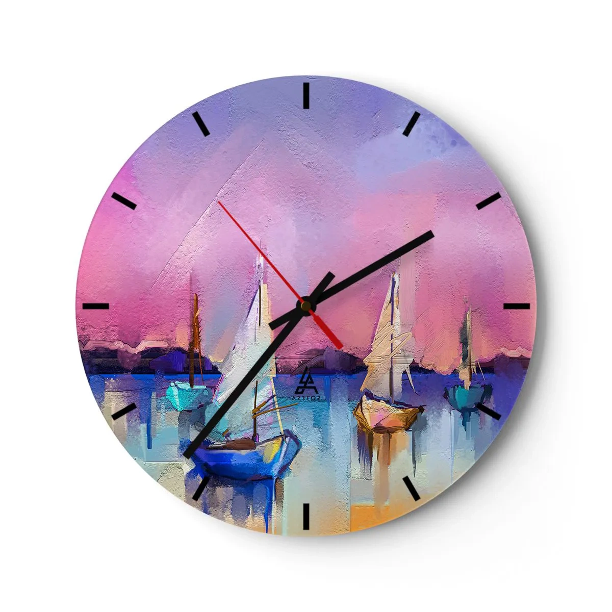 Zegar ścienny - Abstrakcyjna marina z żaglówkami w pastelowych kolorach - 30x30cm - Kierunek: szerokie wody - Nowoczesna dekoracja ścienna do salonu, kuchni i sypialni ARTTOR