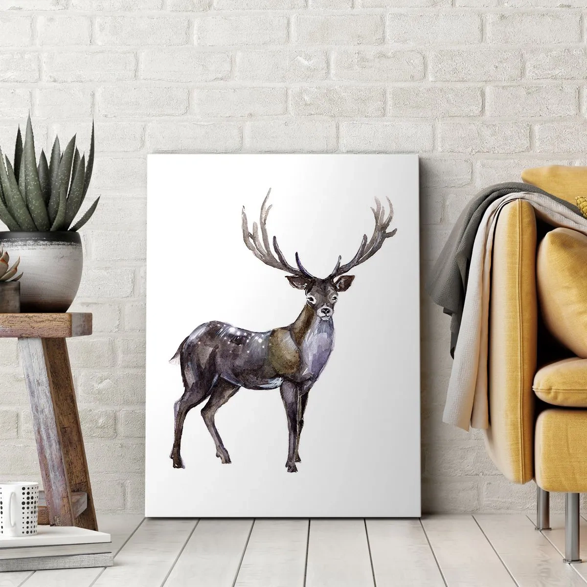 Obraz na płótnie - Elegancki jeleń w akwarelowym stylu - 50x70cm - Król północnej puszczy - Nowoczesna dekoracja ścienna do salonu, kuchni i sypialni ARTTOR