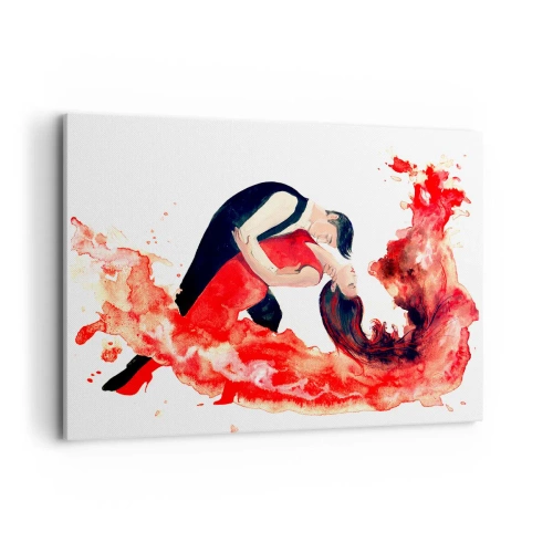 Obraz na płótnie - Dynamiczna akwarela tańczącej pary w czerwonych barwach - 100x70cm - Tango - zmysłowa fala - Nowoczesna dekoracja ścienna do salonu, kuchni i sypialni ARTTOR