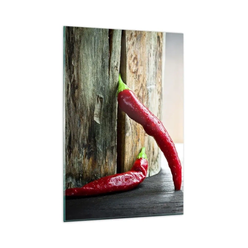 Obraz na szkle - Dwie czerwone papryczki chili na drewnianym tle z rustykalnym akcentem - 80x120cm - Red hot chili peppers - Nowoczesna dekoracja ścienna do salonu i sypialni ARTTOR