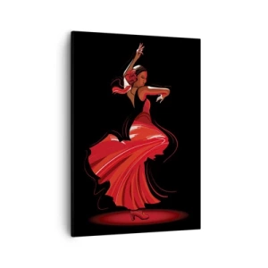 Obraz na płótnie - Stylizowana ilustracja tancerki flamenco w czerwonej sukni na czarnym tle - 50x70cm - Ognisty duch flamenco - Nowoczesna dekoracja ścienna do salonu, kuchni i sypialni ARTTOR