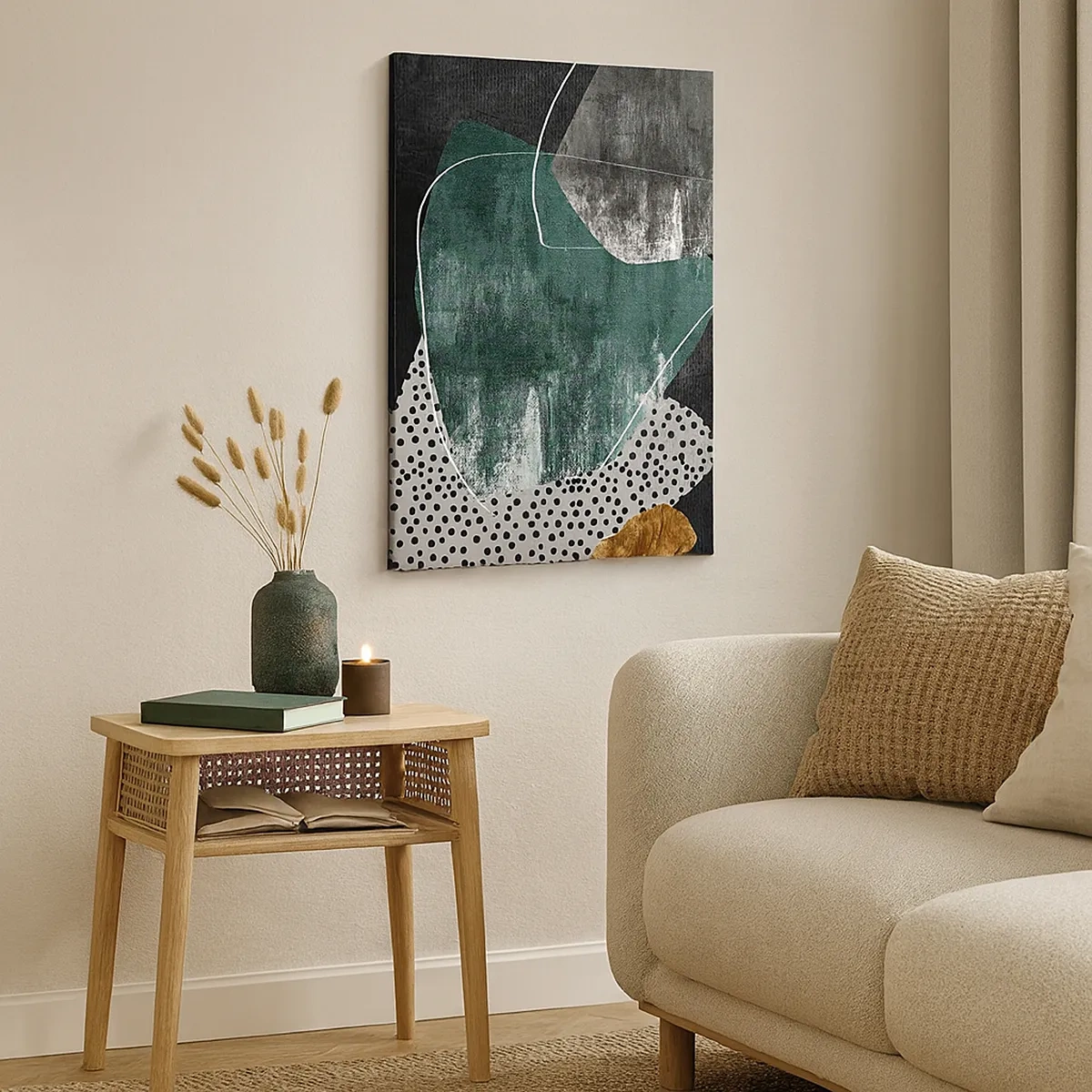 Obraz na płótnie - Nowoczesna kompozycja abstrakcyjna w zieleni, czerni i złocie - 50x70cm - Barwna abstrakcja z płatkiem złota - Nowoczesna dekoracja ścienna do salonu, kuchni i sypialni ARTTOR