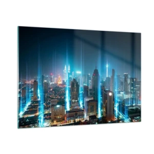 Obraz na szkle - Nocne miasto z wysokimi budynkami i świetlistymi smugami - 100x70cm - Po berlińsku do nieba - Nowoczesna dekoracja ścienna do salonu, kuchni i sypialni ARTTOR