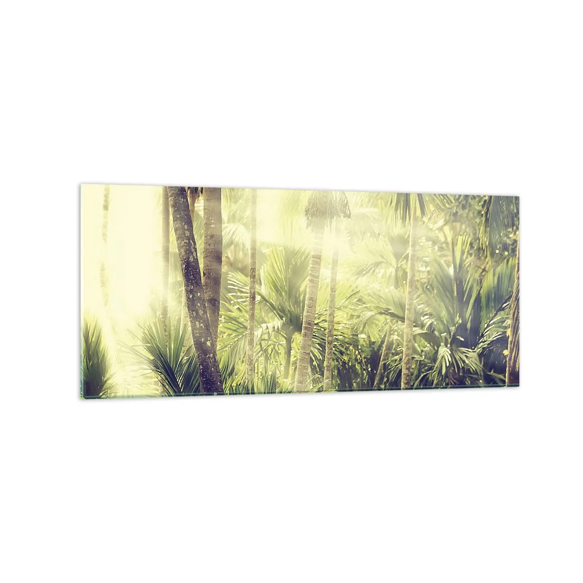 Obraz na szkle - Promienie słońca w tropikalnym lesie palmowym - 120x50cm - W zielonym żarze - Nowoczesna dekoracja ścienna do salonu i sypialni ARTTOR