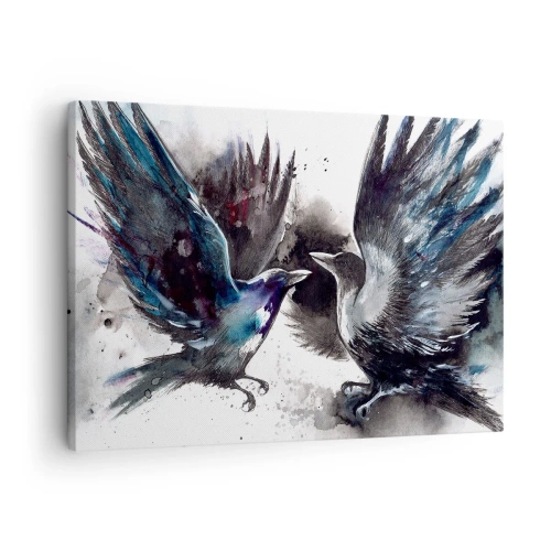 Obraz na płótnie - Artystyczne kruki w dynamicznej kompozycji akwarelowej - 70x50cm - Kruk krukowi… - Nowoczesna dekoracja ścienna do salonu i sypialni ARTTOR