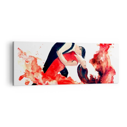 Obraz na płótnie - Dynamiczna akwarela tańczącej pary w czerwonych barwach - 140x50cm - Tango - zmysłowa fala - Nowoczesna dekoracja ścienna do salonu i sypialni ARTTOR