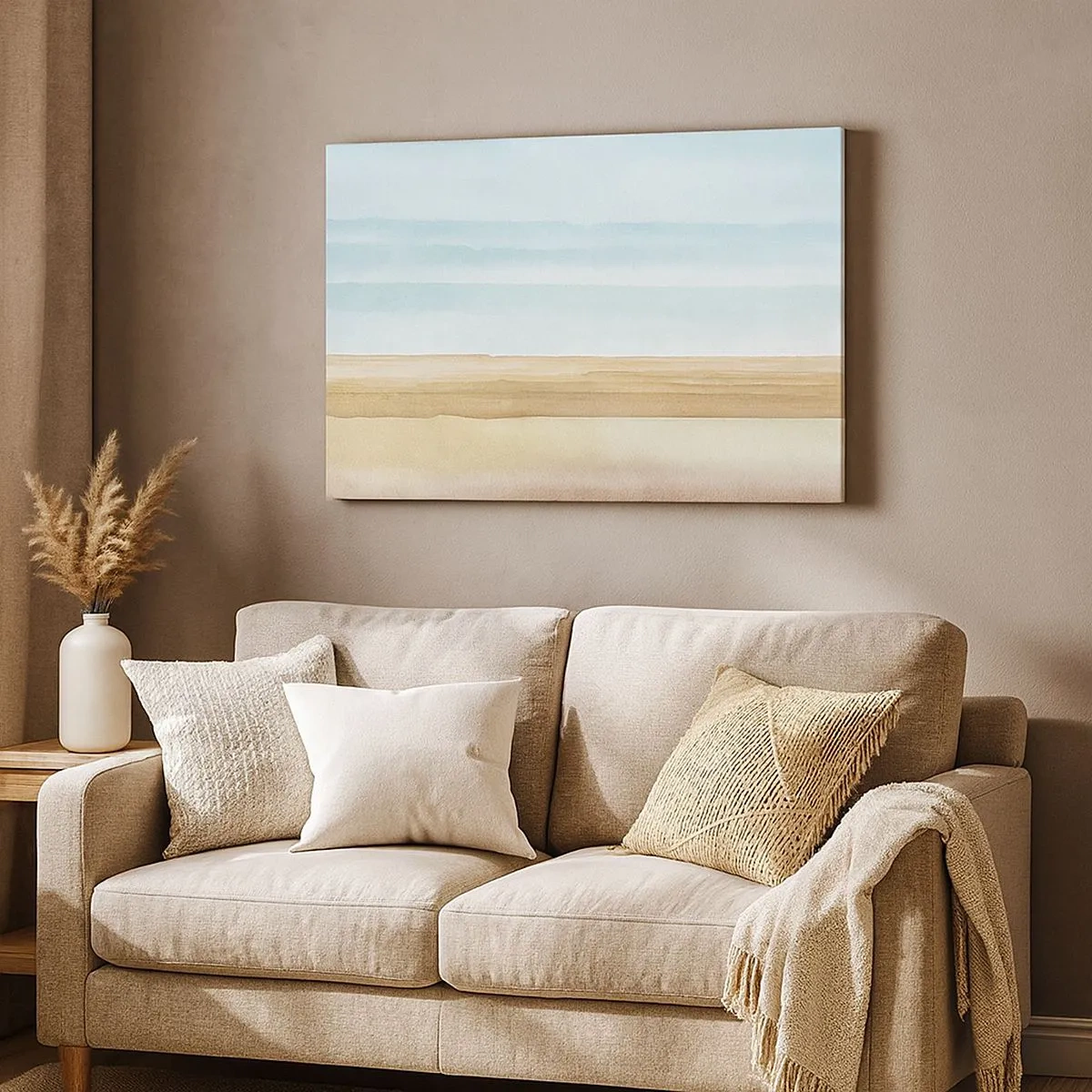 Obraz na płótnie - Para kardynałów na gałęziach w pastelowym krajobrazie - 70x50cm - Opowieść różowego lasu - Nowoczesna dekoracja ścienna do salonu i sypialni ARTTOR