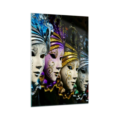 Obraz na szkle - Maski weneckie w różnych kolorach z ozdobnymi wzorami - 70x100cm - Tajemnica w złocie i w srebrze - Nowoczesna dekoracja ścienna do salonu i sypialni ARTTOR
