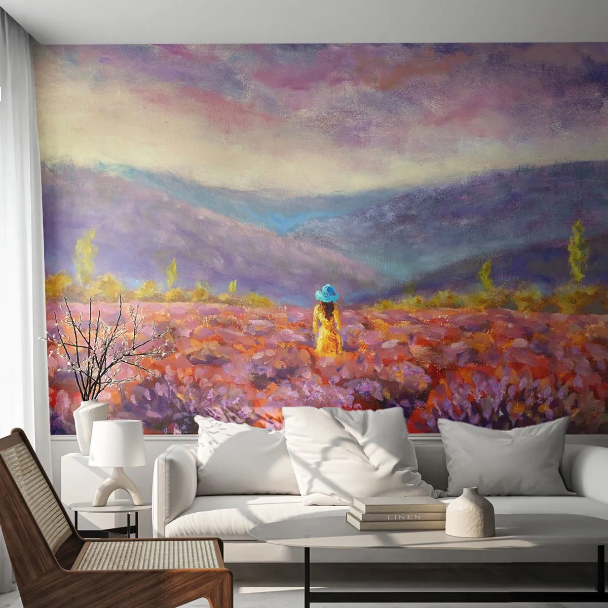 Fototapeta Premium Sand - Kobieta w kapeluszu na tle lawendowego pola i gór o zachodzie słońca - 100x70cm - W lawendowym świecie - Nowoczesna dekoracja ścienna do salonu, kuchni i sypialni ARTTOR