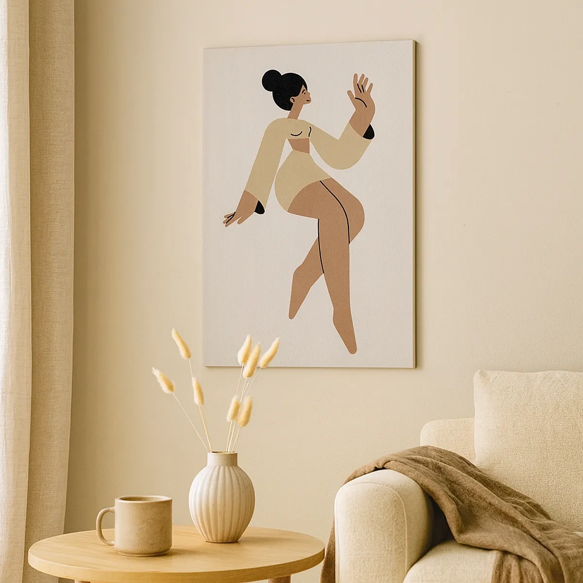 Obraz na płótnie - Minimalistyczna ilustracja kobiety w odcieniach beżu i brązu - 50x70cm - Kształt wdzięku - Nowoczesna dekoracja ścienna do salonu, kuchni i sypialni ARTTOR