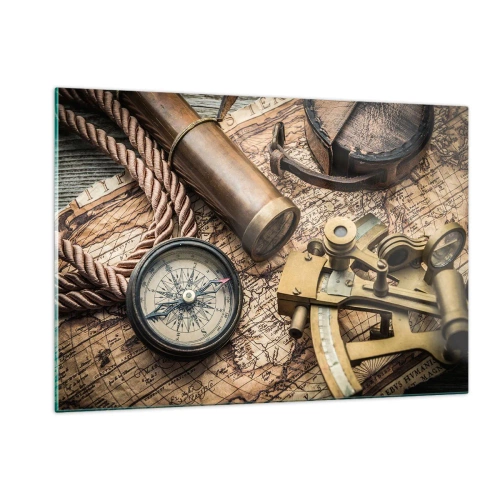 Obraz na szkle - Kompas, mapa i przyrządy nawigacyjne w stylu retro - 120x80cm - Wyznacz kurs - Nowoczesna dekoracja ścienna do salonu, kuchni i sypialni ARTTOR