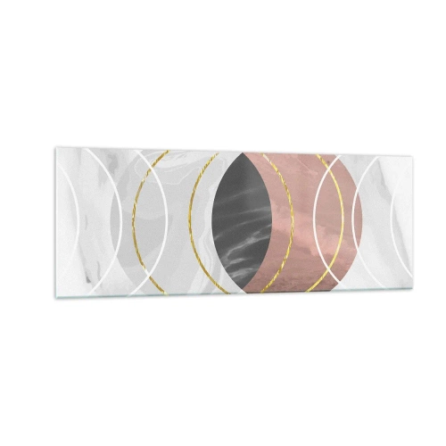 Obraz na szkle - Abstrakcyjna kompozycja geometryczna z kołami i metalicznymi detalami - 140x50cm - Muzyka sfer - Nowoczesna dekoracja ścienna do salonu i sypialni ARTTOR