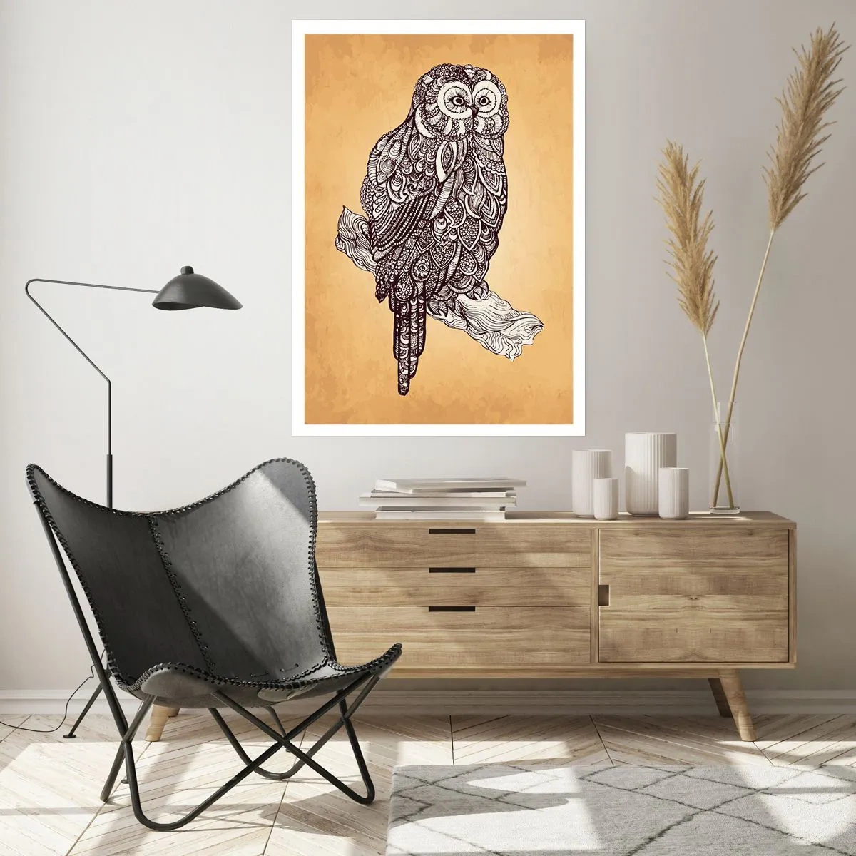 Plakat - Stylizowana sowa w ornamentowym wzorze na beżowym tle - 50x70cm - Misterne ornamenty mądrości - Nowoczesna dekoracja ścienna do salonu, kuchni i sypialni ARTTOR