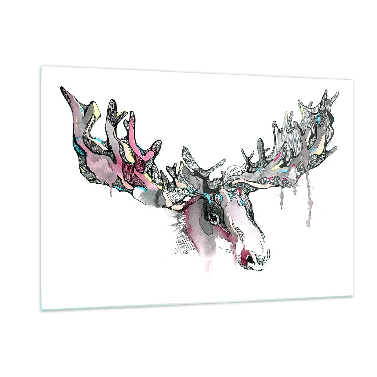 Obraz na szkle - Kolorowa akwarela łosia z rozbudowanym porożem - 120x80cm - Korona króla lasu - Nowoczesna dekoracja ścienna do salonu, kuchni i sypialni ARTTOR