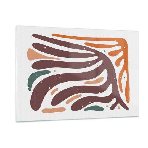 Obraz na szkle - Abstrakcyjne kształty w brązach i oranżach promieniście rozchodzące się na białym tle - 120x80cm - Kompozycja organiczna promienista - Nowoczesna dekoracja ścienna do salonu, kuchni i sypialni ARTTOR
