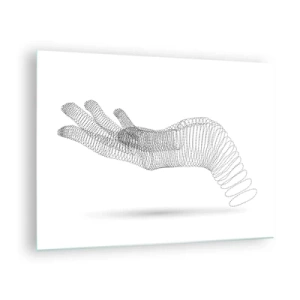 Obraz na szkle - Minimalistyczna grafika dłoni utworzonej z punktów - 70x50cm - Sprężysta dłoń - Nowoczesna dekoracja ścienna do salonu i sypialni ARTTOR
