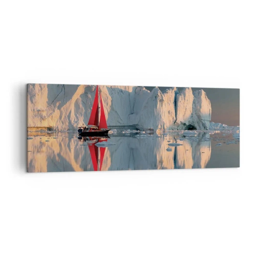 Obraz na płótnie - Żaglówka z czerwonym żaglem na tle lodowca - 140x50cm - Na krańcu świata - Nowoczesna dekoracja ścienna do salonu i sypialni ARTTOR