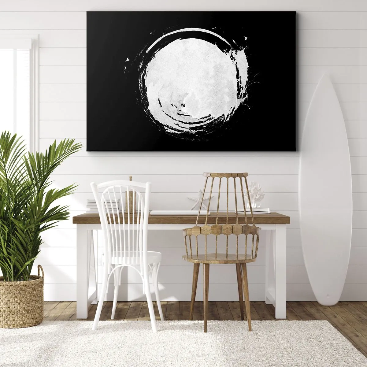 Obraz na płótnie - Biały okrąg na czarnym tle w minimalistycznym stylu - 70x50cm - Dobre wyjście - Nowoczesna dekoracja ścienna do salonu i sypialni ARTTOR