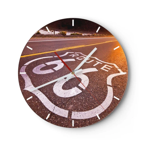 Zegar ścienny - Symbol Route 66 na asfaltowej drodze o zachodzie słońca - 30x30cm - Słynna droga 66 - Nowoczesna dekoracja ścienna do salonu, kuchni i sypialni ARTTOR