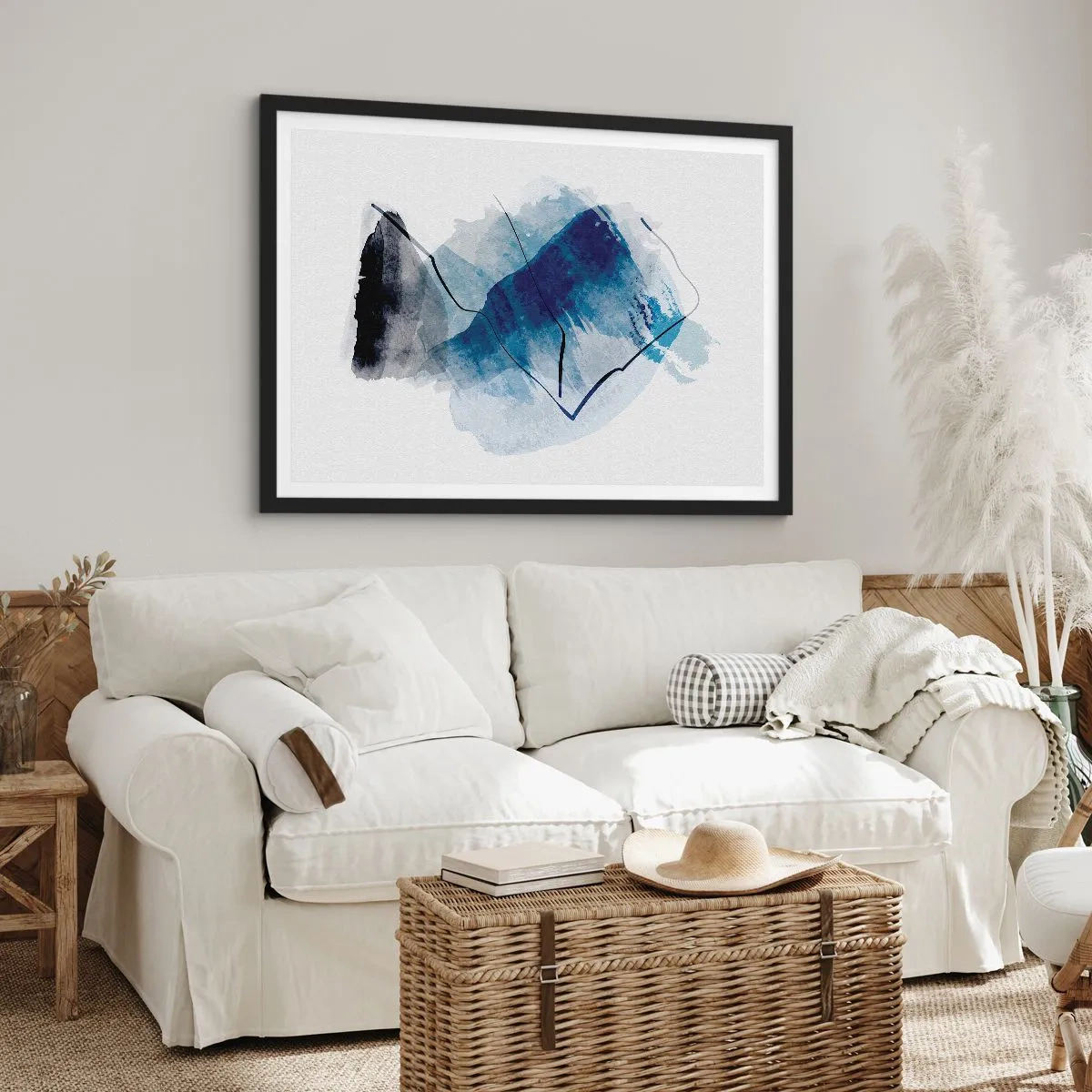 Plakat w czarnej ramie - Abstrakcyjne formy w odcieniach niebieskiego z delikatnymi liniami - 100x70cm - Lodowa góra - Nowoczesna dekoracja ścienna do salonu i sypialni ARTTOR