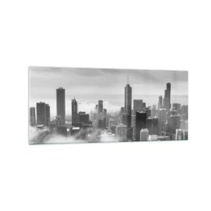 Obraz na szkle - Panorama miasta z wieżowcami w chmurach w czerni i bieli - 120x50cm - Pejzaż amerykański - Nowoczesna dekoracja ścienna do salonu i sypialni ARTTOR
