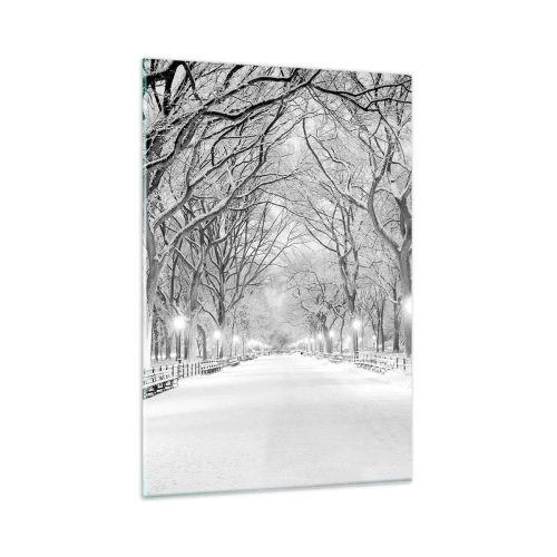 Obraz na szkle - Zimowa alejka z drzewami pokrytymi śniegiem w monochromatycznym ujęciu - 80x120cm - Cztery pory roku – zima - Nowoczesna dekoracja ścienna do salonu i sypialni ARTTOR