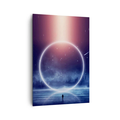 Obraz na płótnie - Magiczny krajobraz z postacią i świetlistym kręgiem nocą - 70x100cm - Już tu są… - Nowoczesna dekoracja ścienna do salonu i sypialni ARTTOR
