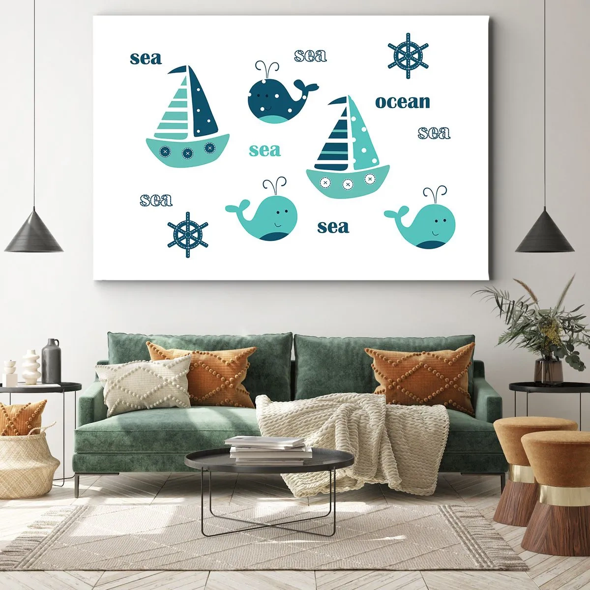 Obraz na płótnie - Urocze motywy morskie z wielorybami i żaglówkami - 100x70cm - Przez morza i oceany - Nowoczesna dekoracja ścienna do salonu, kuchni i sypialni ARTTOR