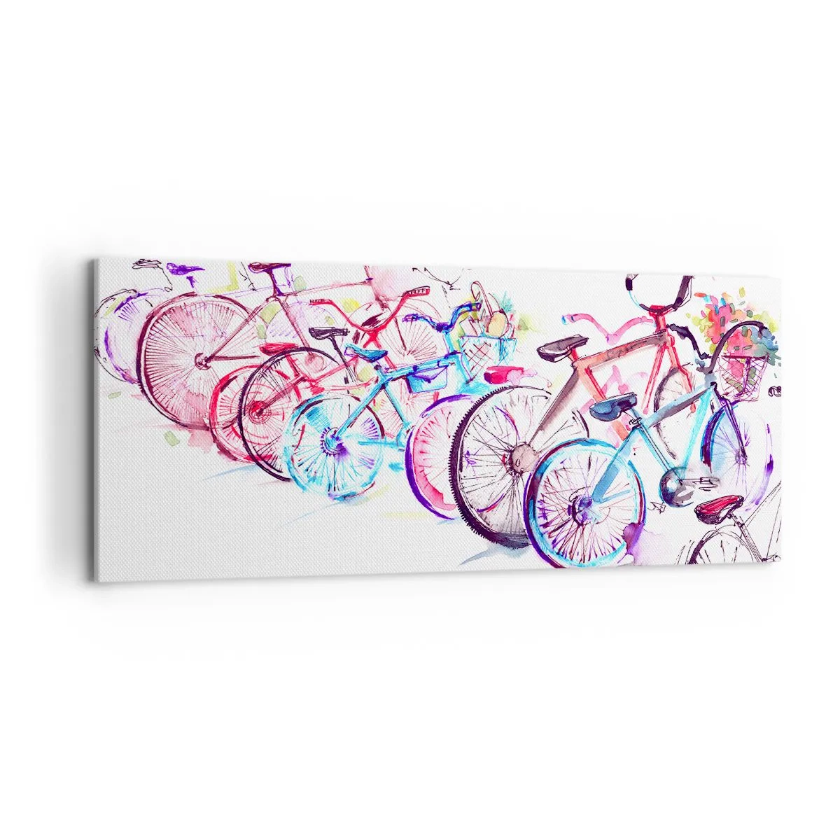 Obraz na płótnie - Kolorowe rowery w artystycznym stylu akwarelowym - 120x50cm - Zjazd klubu Antymoto - Nowoczesna dekoracja ścienna do salonu i sypialni ARTTOR