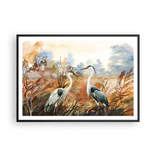 Plakat w czarnej ramie - Dwie czaple na tle jesiennego pejzażu - 100x70cm - Dokąd jesienią? - Nowoczesna dekoracja ścienna do salonu i sypialni ARTTOR