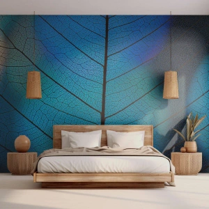 Fototapeta Premium Sand - Struktura liścia w odcieniach błękitu i granatu - 100x70cm - Misterna budowa - Nowoczesna dekoracja ścienna do salonu, kuchni i sypialni ARTTOR