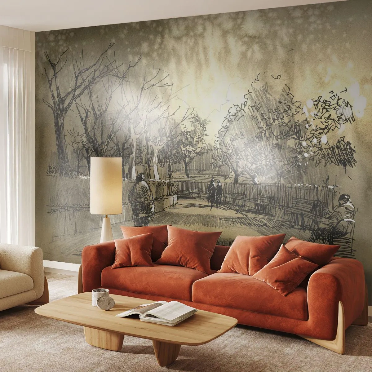 Fototapeta Standard Eco - Szkicowy pejzaż parku w ciepłych sepiach z postaciami - 100x70cm - Piórkiem zatrzymana chwila - Nowoczesna dekoracja ścienna do salonu i sypialni ARTTOR