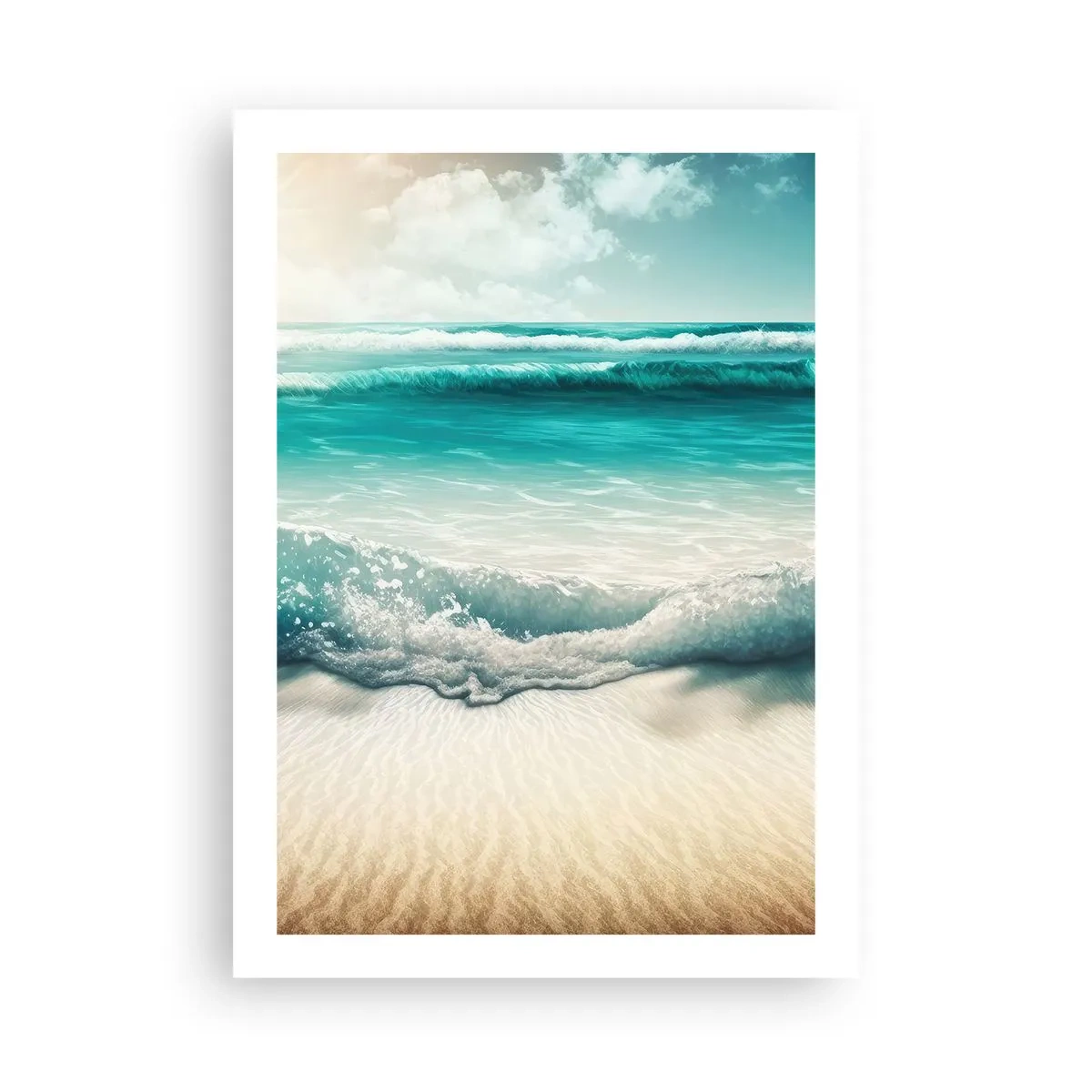 Plakat - Turkusowe fale rozbijające się o złocisty piasek plaży - 50x70cm - Spokój oceanu - Nowoczesna dekoracja ścienna do salonu, kuchni i sypialni ARTTOR