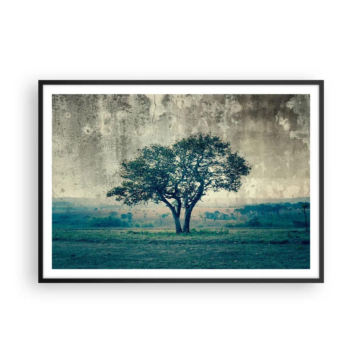 Plakat w czarnej ramie - Samotne drzewo na tle zamglonego krajobrazu - 100x70cm - Jabłoń na błękitnym błoniu? - Nowoczesna dekoracja ścienna do salonu i sypialni ARTTOR