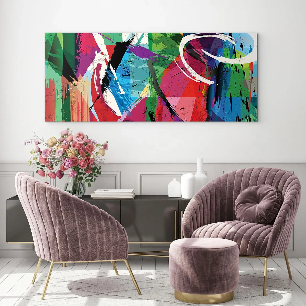 Obraz na szkle - Kolorowa abstrakcja z dynamicznymi pociągnięciami pędzla - 140x50cm - Szybko, żywo i skocznie - Nowoczesna dekoracja ścienna do salonu i sypialni ARTTOR