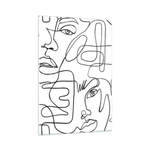 Obraz na szkle - Minimalistyczny rysunek twarzy z liniami na jasnym tle - 70x100cm - W splątanych emocjach - Nowoczesna dekoracja ścienna do salonu i sypialni ARTTOR