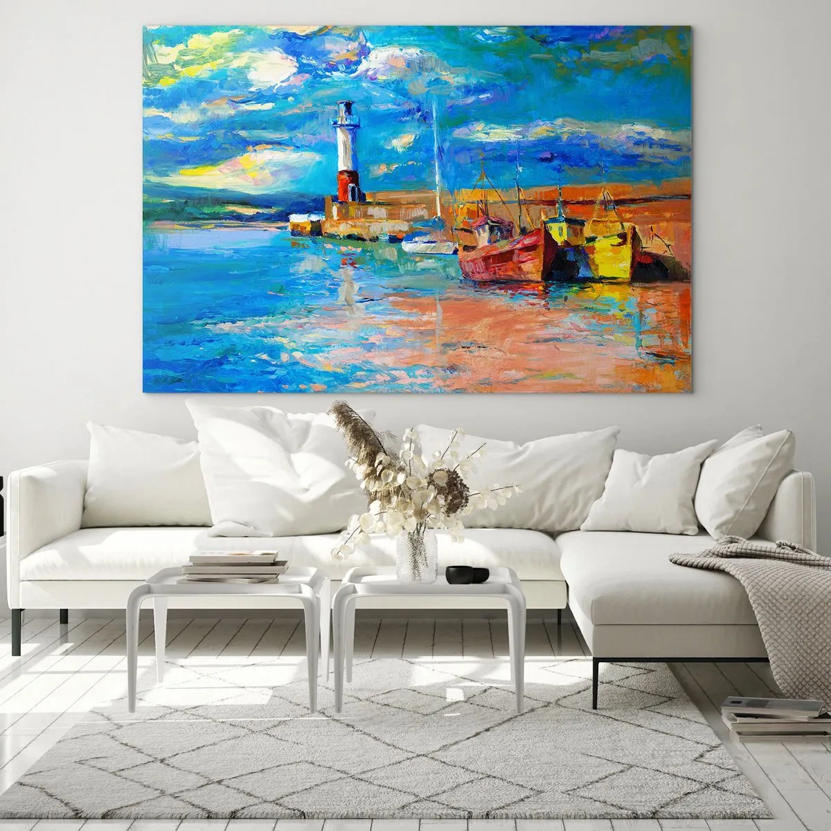 Obraz na szkle - Tęczowa zatoka z latarnią morską i kolorowymi łodziami w porcie - 120x80cm - Popołudnie w tęczowej zatoce - Nowoczesna dekoracja ścienna do salonu, kuchni i sypialni ARTTOR