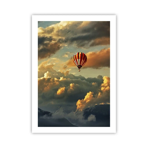 Plakat - Balon wśród chmur o zachodzie słońca - 50x70cm - Lecę, bo chcę - Nowoczesna dekoracja ścienna do salonu, kuchni i sypialni ARTTOR