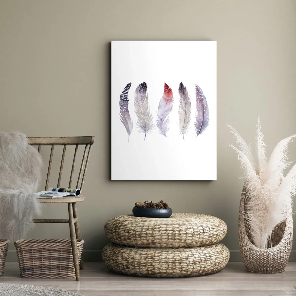 Obraz na płótnie - Kolorowe pióra w akwarelowym stylu - 50x70cm - Delikatne jak różnobarwna mgła - Nowoczesna dekoracja ścienna do salonu, kuchni i sypialni ARTTOR