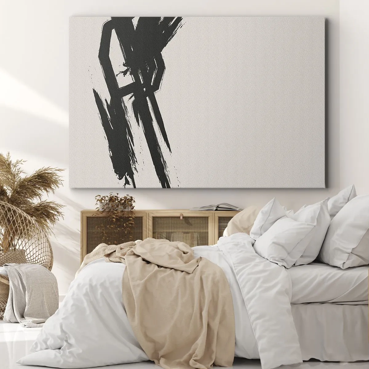 Obraz na płótnie - Dynamiczne pociągnięcia pędzla w czerni na jasnym tle - 70x50cm - Niepohamowany pęd - Nowoczesna dekoracja ścienna do salonu i sypialni ARTTOR