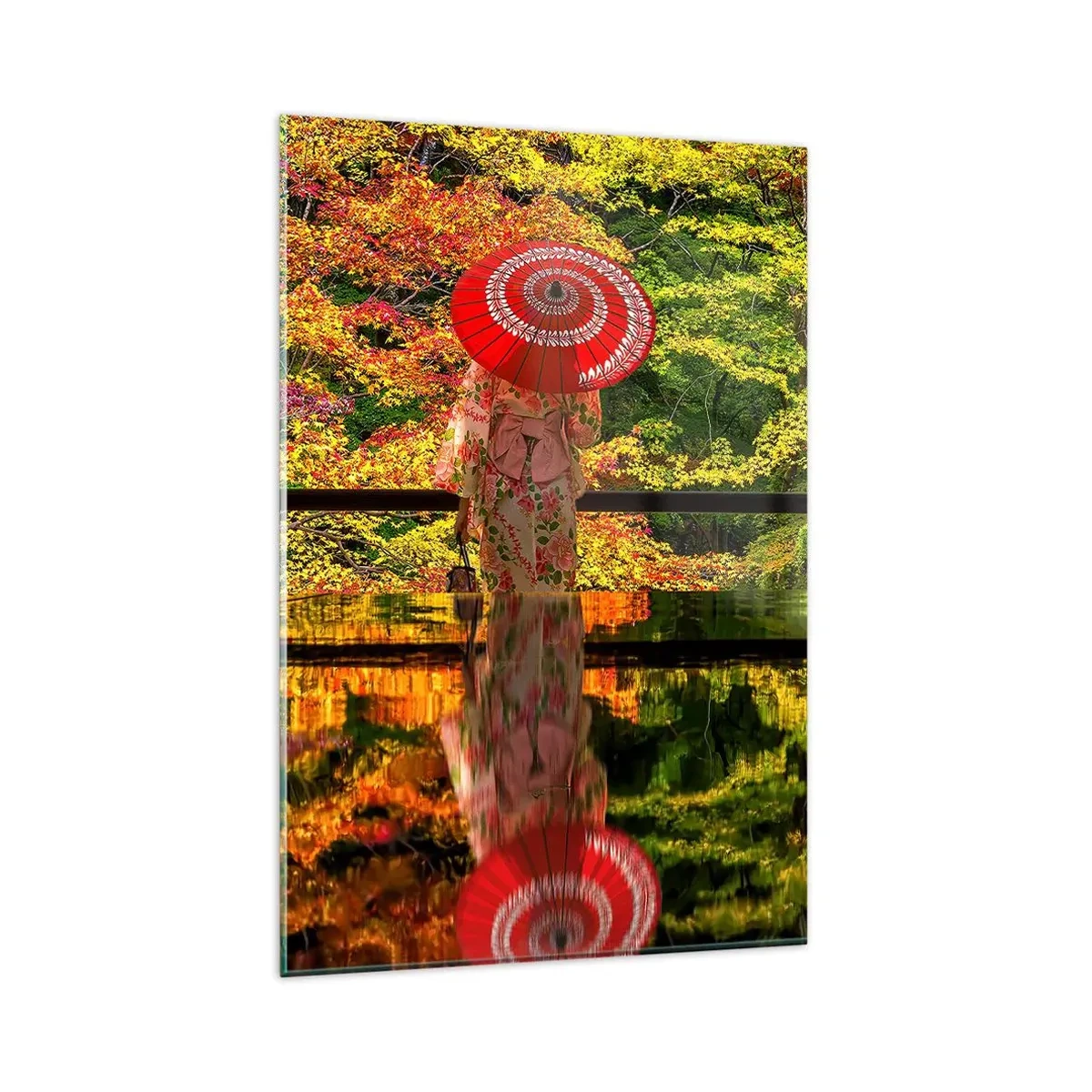 Obraz na szkle - Kobieta w kimonie z parasolem na tle jesiennego krajobrazu - 80x120cm - W świątyni natury - Nowoczesna dekoracja ścienna do salonu i sypialni ARTTOR