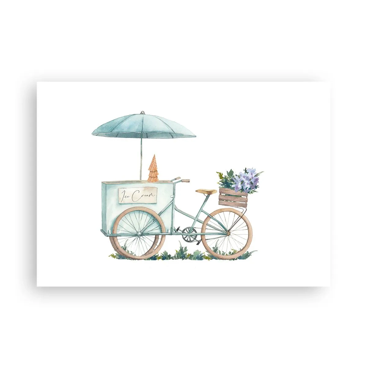 Plakat - Rower z lodami i kwiatami pod parasolem w delikatnej pastelowej kolorystyce - 100x70cm - Słodkie wspomnienie lata - Nowoczesna dekoracja ścienna do salonu i sypialni ARTTOR
