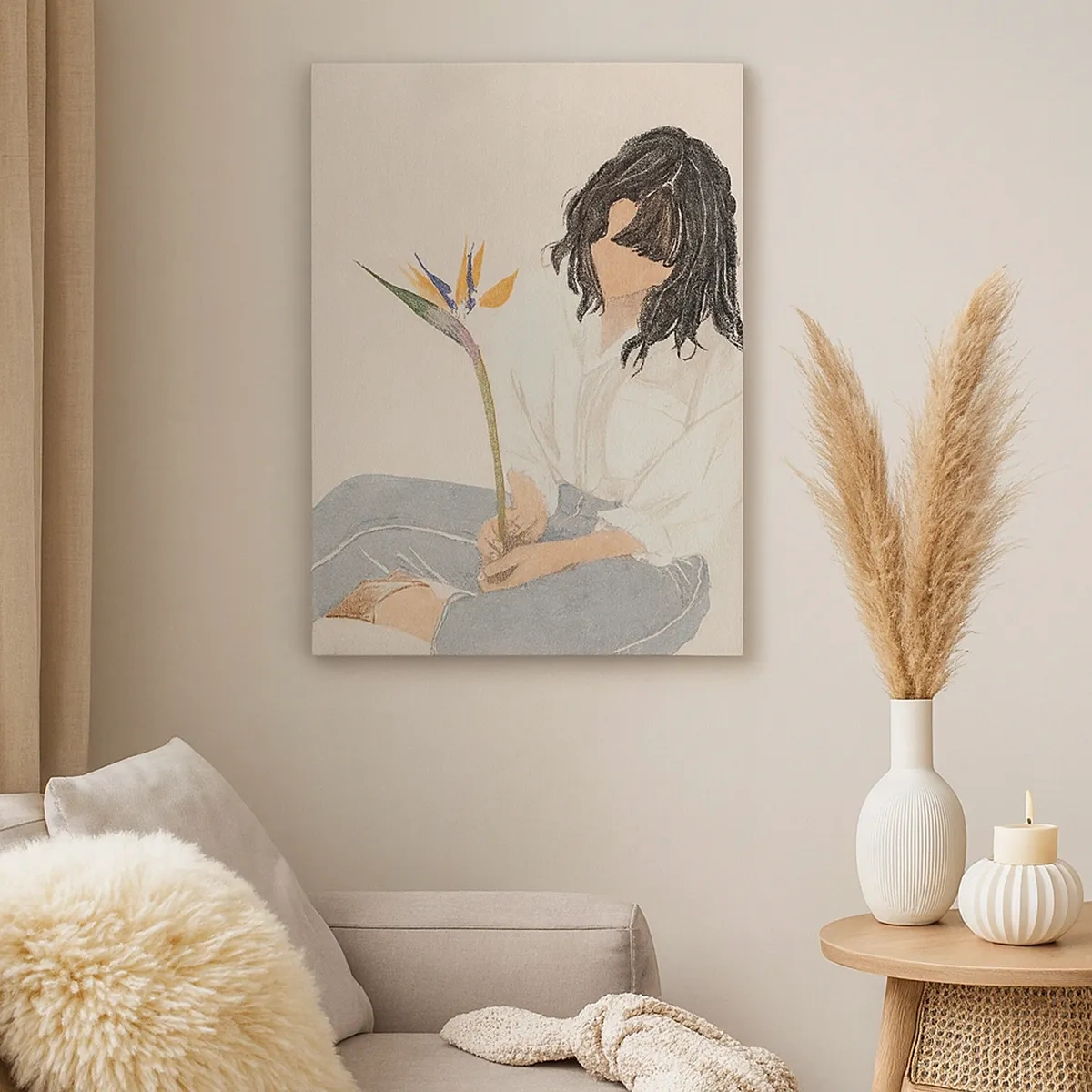 Obraz na płótnie - Kobieta w białej koszuli trzymająca egzotyczny kwiat na beżowym tle - 50x70cm - Portret z egzotycznym kwiatem - Nowoczesna dekoracja ścienna do salonu, kuchni i sypialni ARTTOR