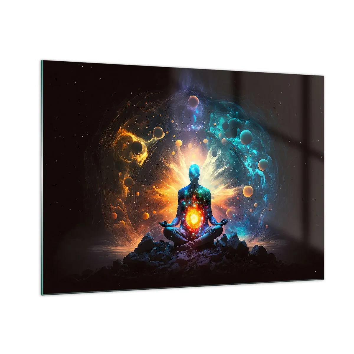 Obraz na szkle - Medytująca sylwetka w kosmicznej eksplozji kolorów - 100x70cm - Kosmiczny spokój - Nowoczesna dekoracja ścienna do salonu, kuchni i sypialni ARTTOR