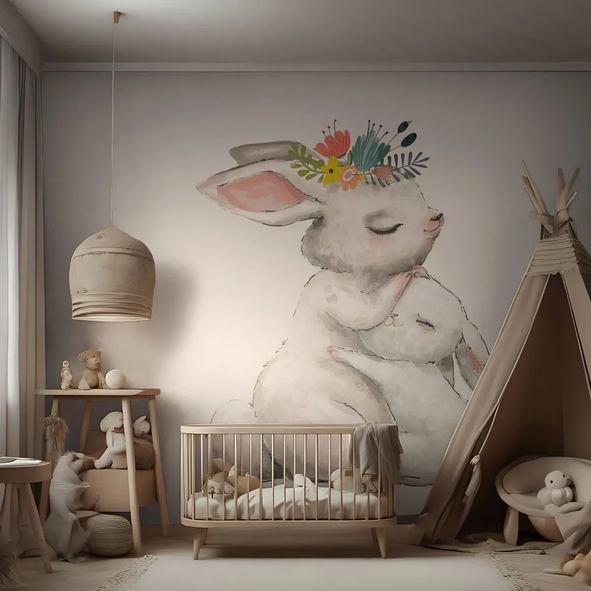 Fototapeta Standard Eco - Urocze króliczki w delikatnej akwarelowej ilustracji - 100x70cm - Nie ma jak u mamy - Nowoczesna dekoracja ścienna do salonu i sypialni ARTTOR