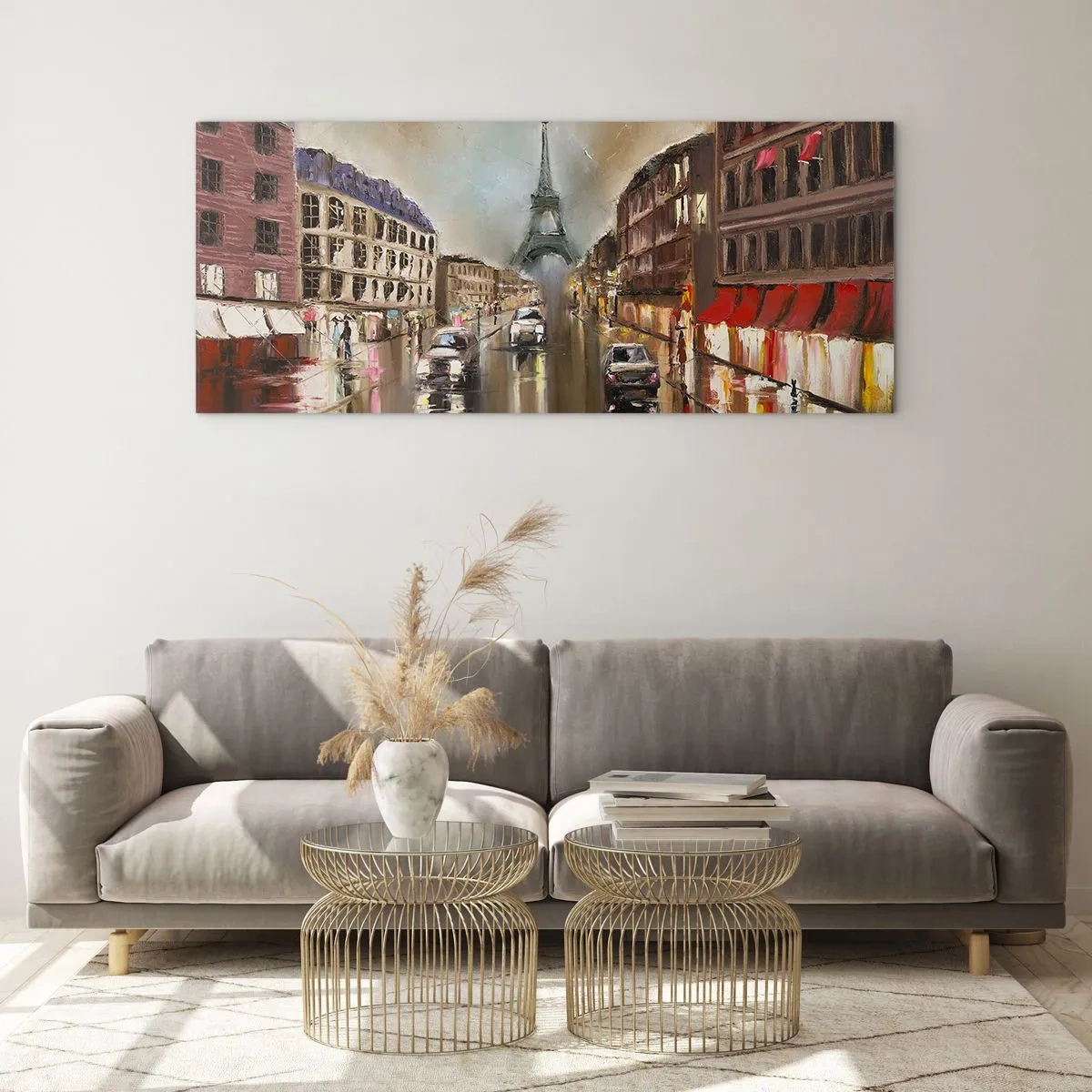Obraz na szkle - Wieczorny pejzaż ulicy Paryża z widokiem na wieżę Eiffla - 160x50cm - Liczy się tylko ona - Nowoczesna dekoracja ścienna do salonu i sypialni ARTTOR