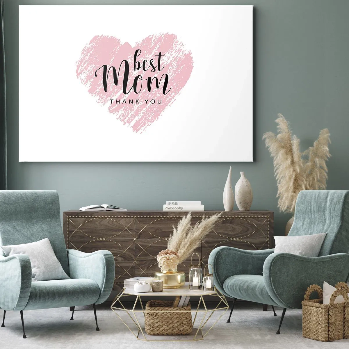 Obraz na płótnie - Różowe serce z napisem Best Mom Thank You na białym tle - 70x50cm - Zawsze odpowiedni moment - Nowoczesna dekoracja ścienna do salonu i sypialni ARTTOR